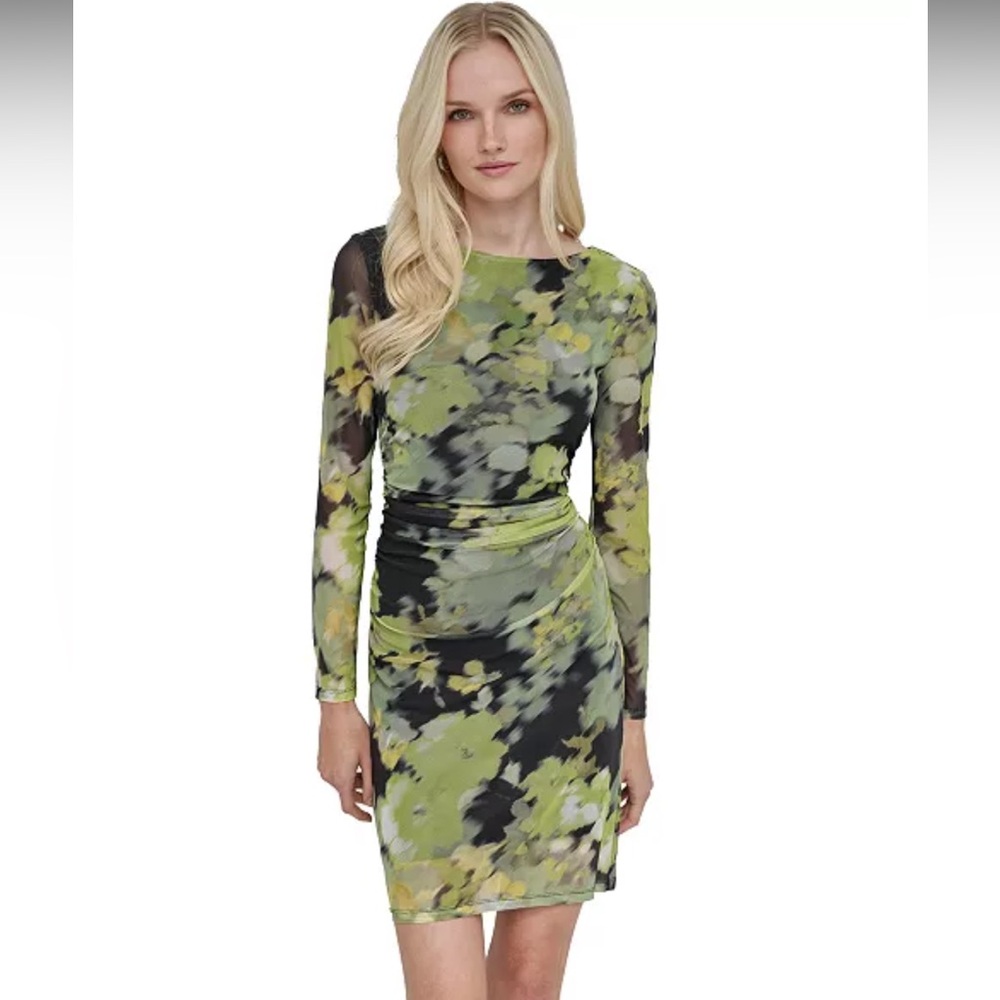 **NWT** DKNY Printed Mesh Ruched Bodycon Dress